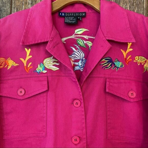 I.B. Diffusion Sz 8 Fuschia Pink Heavy Embroidered Koi Fish Vintage Jacket - Picture 9 of 12